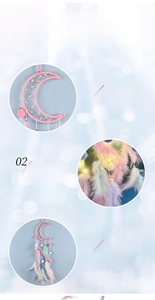 Detail of pink moon dreamcatcher showing delicate hand-woven mesh and colorful feathers