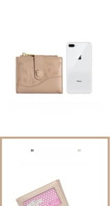Short beige leather wallet with leaf embossing showing interior slots and size comparison