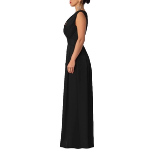 Side view of elegant black sleeveless high waist wide leg jumpsuit with draped fabric