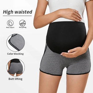 High waisted maternity sports shorts with belly support and stylish color block design