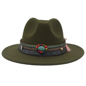 Detail of army green felt fedora hat with ethnic beads, turquoise and colorful tassels