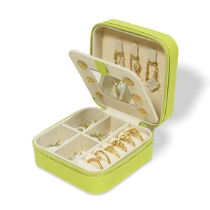 Portable lime green square jewelry organizer box with mirror and zipper closure for rings