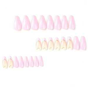 Purple French fake nails with white flowers and almond shape, 24 pieces set in pink gradient