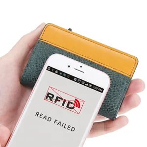 Men's RFID blocking wallet in green and yellow color block with cross-grain texture