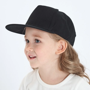 Detailed side view of a black flat-brim baseball cap for children on a model