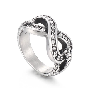 Infinity sign ring in vintage titanium steel with sparkling cubic zirconia pavé setting