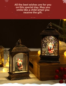 Close-up of vintage bronze Christmas lanterns with Santa figures and glitter liquid