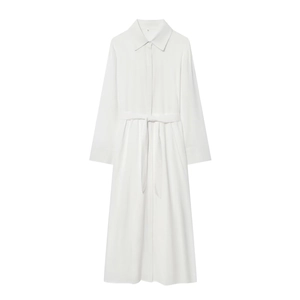 Minimalist white long-sleeved shirt dress with matching waist belt shown in flat lay view