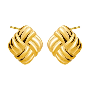 Minimalist square 18k gold plated stainless steel earrings with woven texture on white background