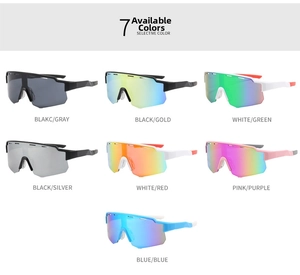 Selection of oversized sports cycling sunglasses in seven different frame and lens colors