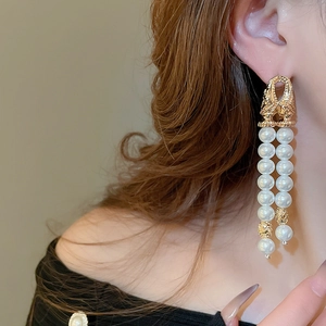 French vintage double layer faux pearl tassel drop earrings for elegant women