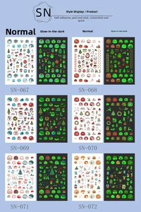 Detailed sheet of luminous Christmas nail stickers featuring Santa and reindeer motifs