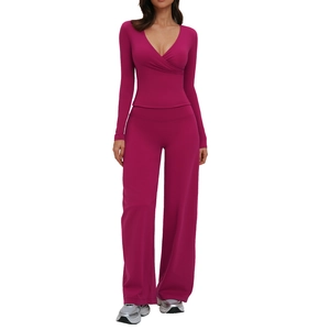 Women's deep berry yoga set with long sleeve V-neck top and high waist wide leg pants