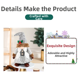 Detail of Christmas gnome with grey knit hat, holly berries and white plush beard
