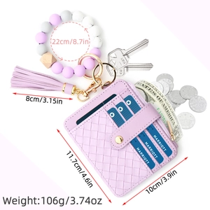 Purple woven card holder wallet with silicone bead keychain bracelet and tassel charm