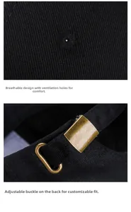 Close-up of cotton baseball cap with bronze metal adjustment buckle and ventilation eyelets