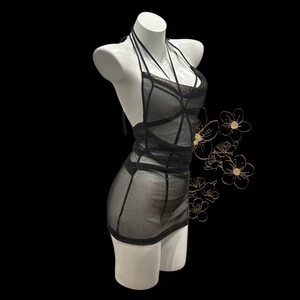 Sexy black translucent mesh halter neck mini dress with criss-cross spider web design