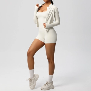 Three-piece nude feel yoga set with zipped jacket, sports bra, and high-waist shorts