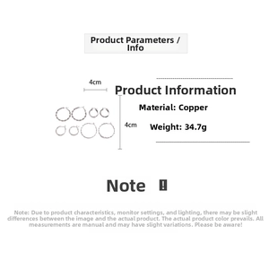 Specifications of silver geometric hoop earring set showing 4cm diameter and copper material