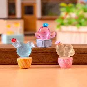 Miniature resin luminous cactus set with colorful flowers for fairy garden desk decor