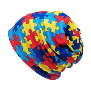 Colorful geometric puzzle print slouchy beanie for outdoor wear in high-stretch knit fabric