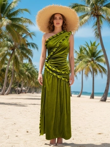 Olive Green Velvet One Shoulder Maxi Dress With Braided Rope Decor Side Slit Pleated Slim Party Evening Gown For Women
