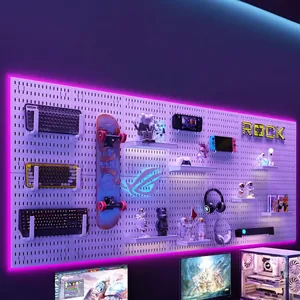 DIY wall pegboard organizer with neon lighting for gaming room and studio storage