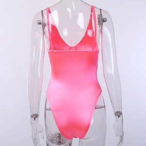 Back view of pink glossy bodysuit with thin straps and deep V-neckline cut