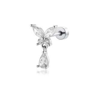Silver butterfly cartilage earring with sparkling zircon stones on a white reflective base