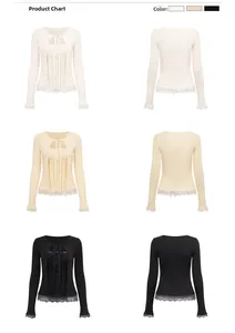 Détail du cardigan en tricot montrant les poignets en dentelle et le col noué