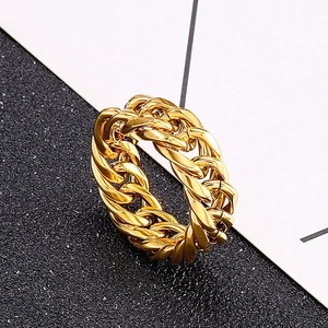 Polished gold stainless steel Cuban link chain ring for men in neutral hip-hop style