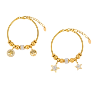 Elegant gold-tone snake chain bracelets with Tree of Life and star pendants and crystals