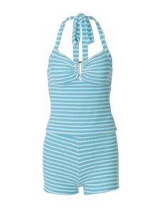 Detail shot of the knitted blue and white striped texture on a summer two-piece set