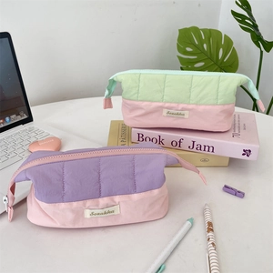 Quilted large capacity school pencil case in pastel green and lavender purple colors