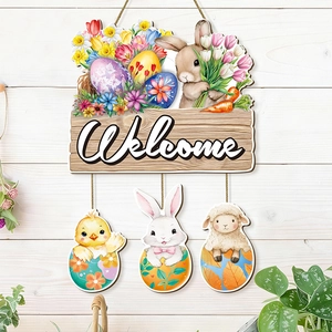 Easter wooden welcome sign featuring bunny, colorful eggs, and hanging animal pendants
