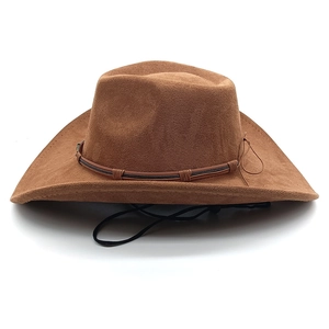 Close-up of brown western cowboy hat in faux suede with woven decorative cord and chin strap
