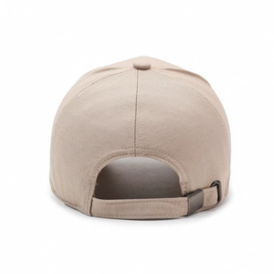 Adjustable beige cotton baseball cap back view with metal buckle and textured fabric