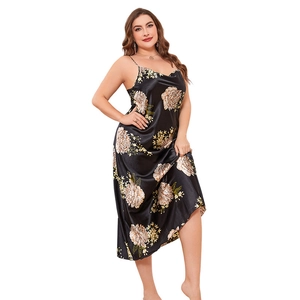 Plus size black silk satin floral nightgown with spaghetti straps for summer loungewear