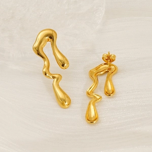Irregular Wave Stud Earrings 18K Gold Plated Stainless Steel Liquid Metal Aesthetic Modern Geometric High Polish For Women