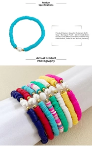 Detail of colorful polymer clay bead bracelets with natural baroque pearls and gold accents