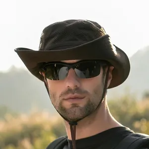 Men outdoor fishing sun hat with breathable mesh crown and wide brim in dark brown finish