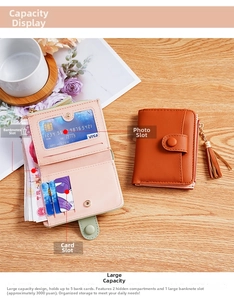 Detail view of pink PU leather wallet with multiple card slots and clear photo window