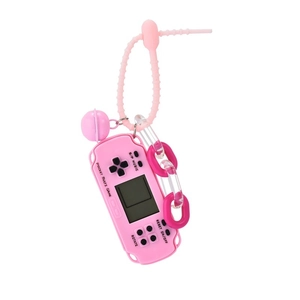 Pink mini Tetris game console keychain with bell and silicone strap on white background