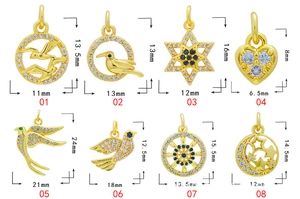 Detailed size specifications for 18K gold-plated bird and celestial animal charms