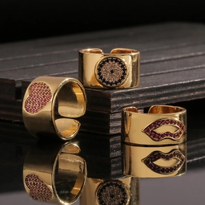 Minimalist 18K gold plated wide rings with heart, evil eye, and lip rhinestone patterns
