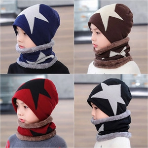Detailed view of fleece lining and star knit patterns on children's hat and scarf sets