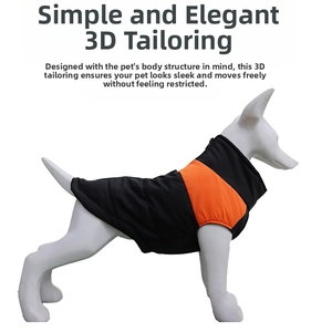 Detail showing windproof high collar and quilted orange and black pet winter vest