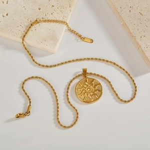 Golden stainless steel sun totem pendant necklace with elegant twist rope chain