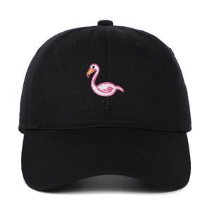 Classic black cotton baseball cap featuring a pink flamingo embroidery on the front
