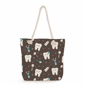 Brown canvas tote bag with dental prints and white rope handles for daily use